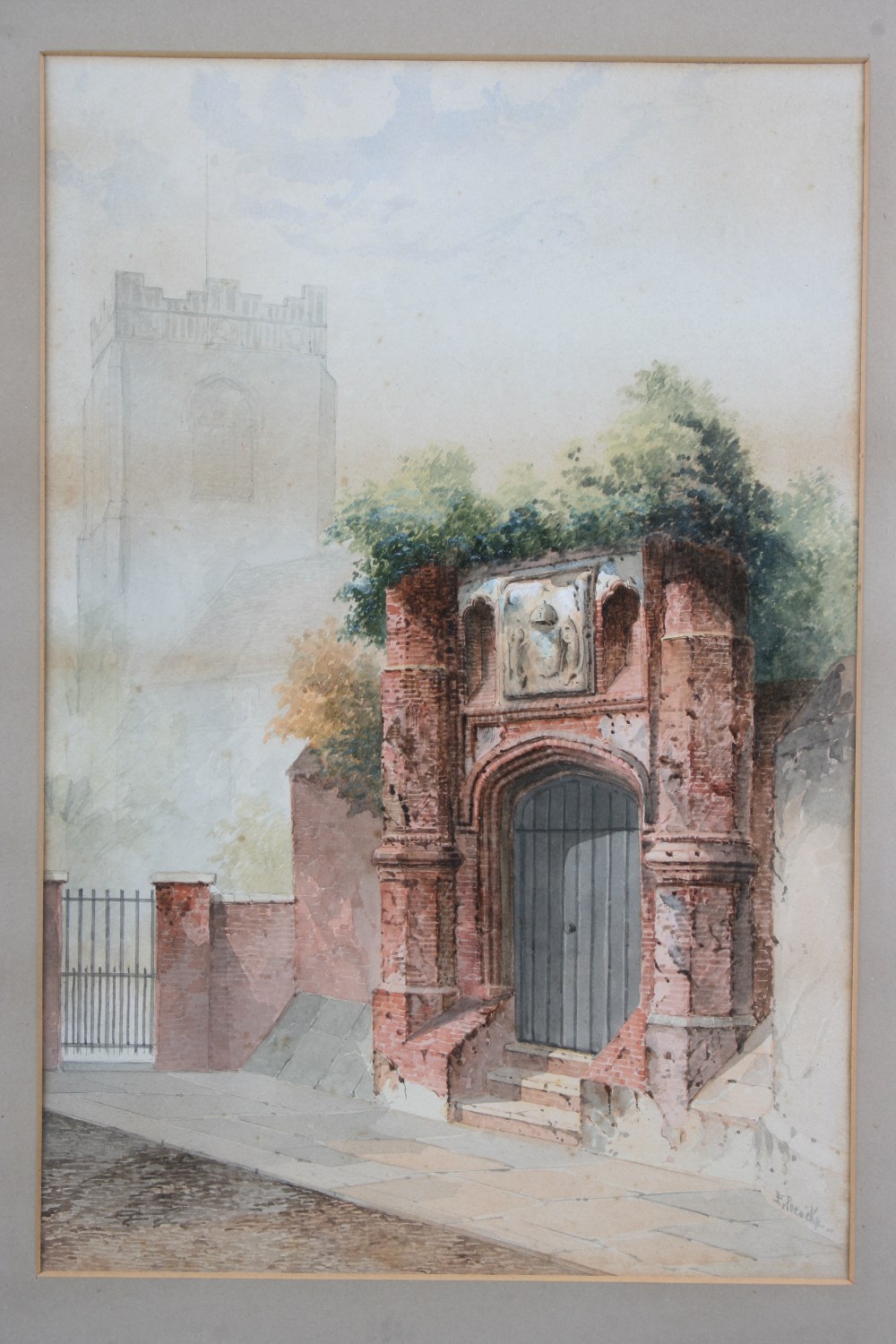 E. Pococke, study of Wolsey Gate, Ipswich, signed watercolour, 40cm x 27cm - see illustration