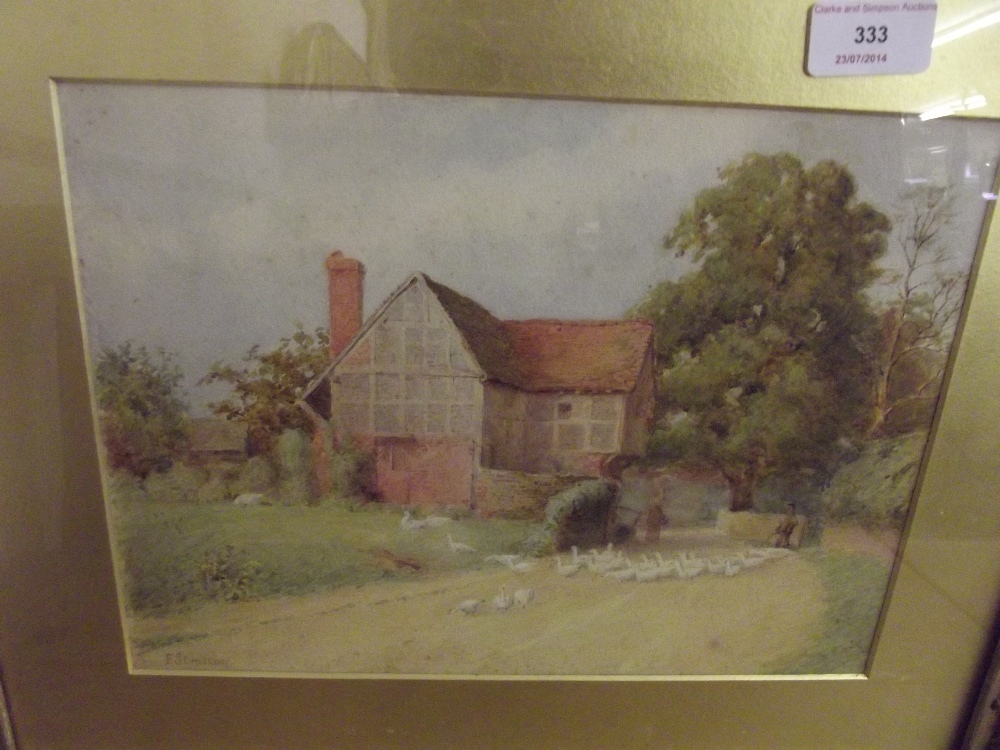F. Stratton, study of a Sussex cottage with figure herding geese along a path, 22.5cm x 29cm