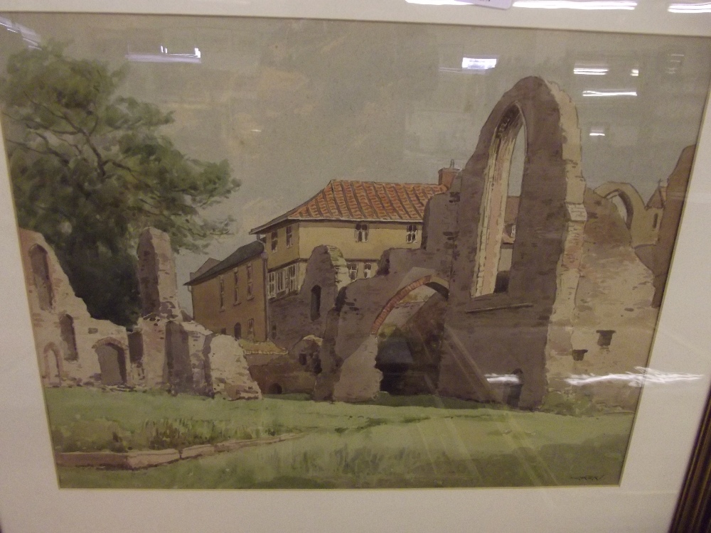 Vic Carter, study of Leiston Abbey, signed watercolour, 37cm x 48cm