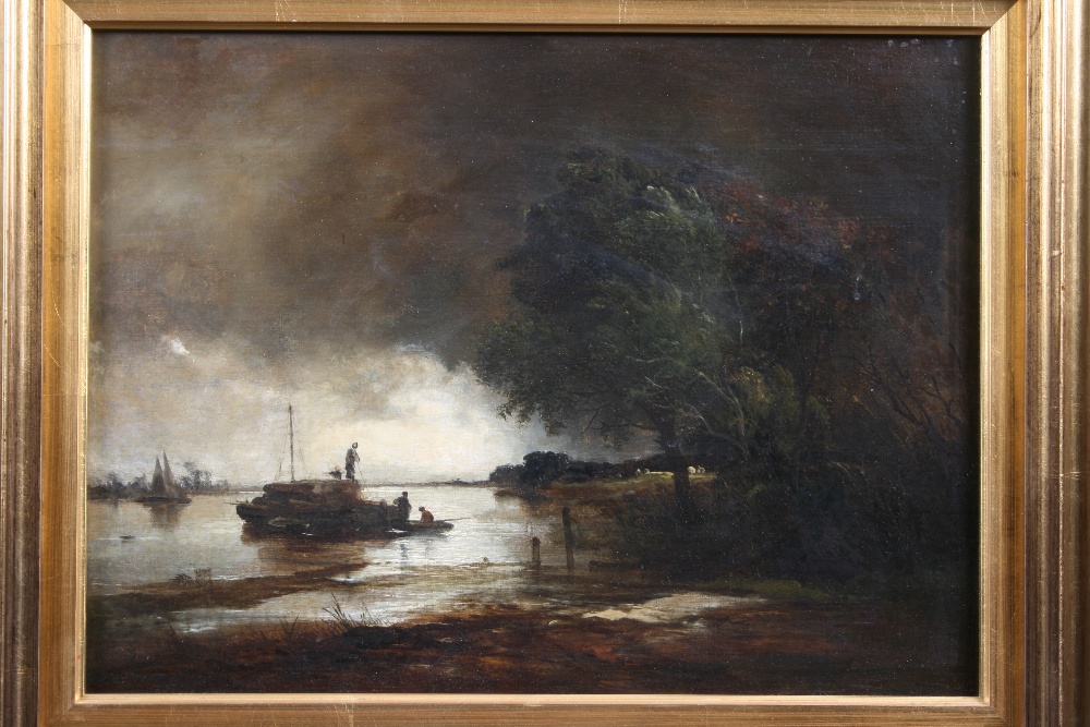 19th Century school, study of figures fishing on a river at moonlight, unsigned oil on board, 29.5cm