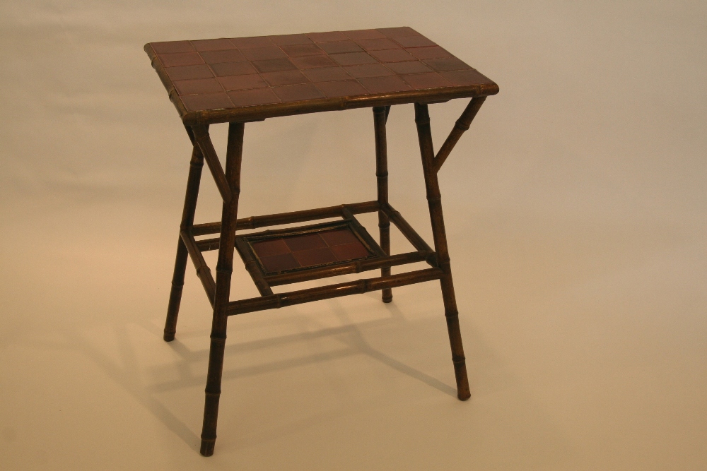 An early 20th Century bamboo and tiled two tier occasional table, 67cm x 55cm