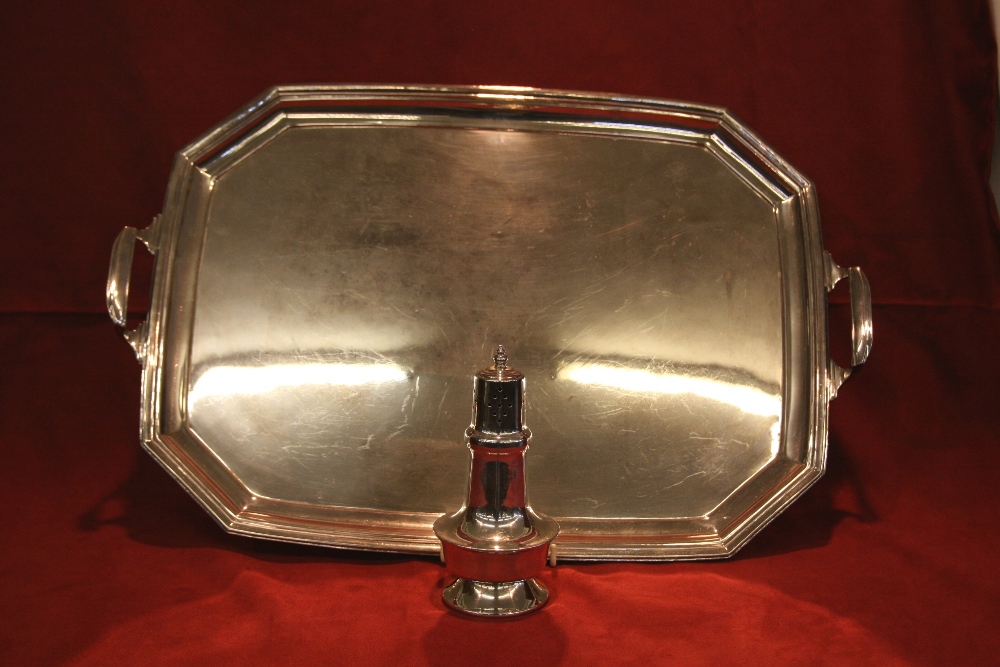 A Mappin & Webb, London and Sheffield silver plated twin handled tray, 37cm x 50cm; and a Cavalier