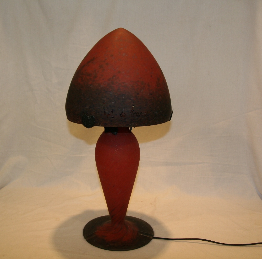 A French Art Nouveau style mottled glass table lamp and shade, etched 'Art De France' on base, and