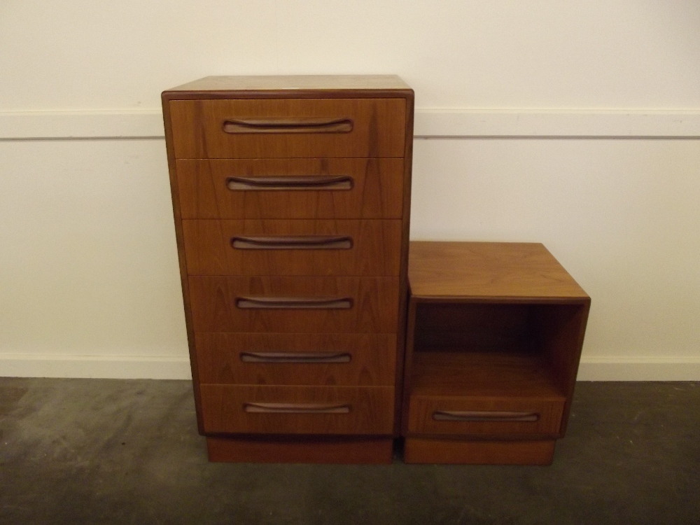 A G-plan chest fitted six drawers, 104cm x 56cm; and a G-plan bedside table fitted single drawer