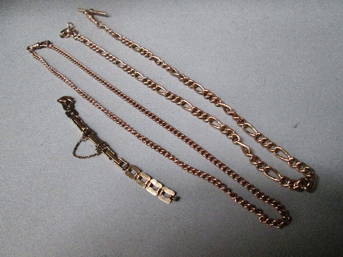 A 9ct gold lady's watch strap [approximate weight 5.6g] and two unmarked curb link Alberts [3]