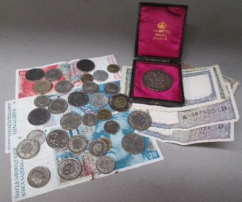 A 1898 silver crown and other coins and banknotes