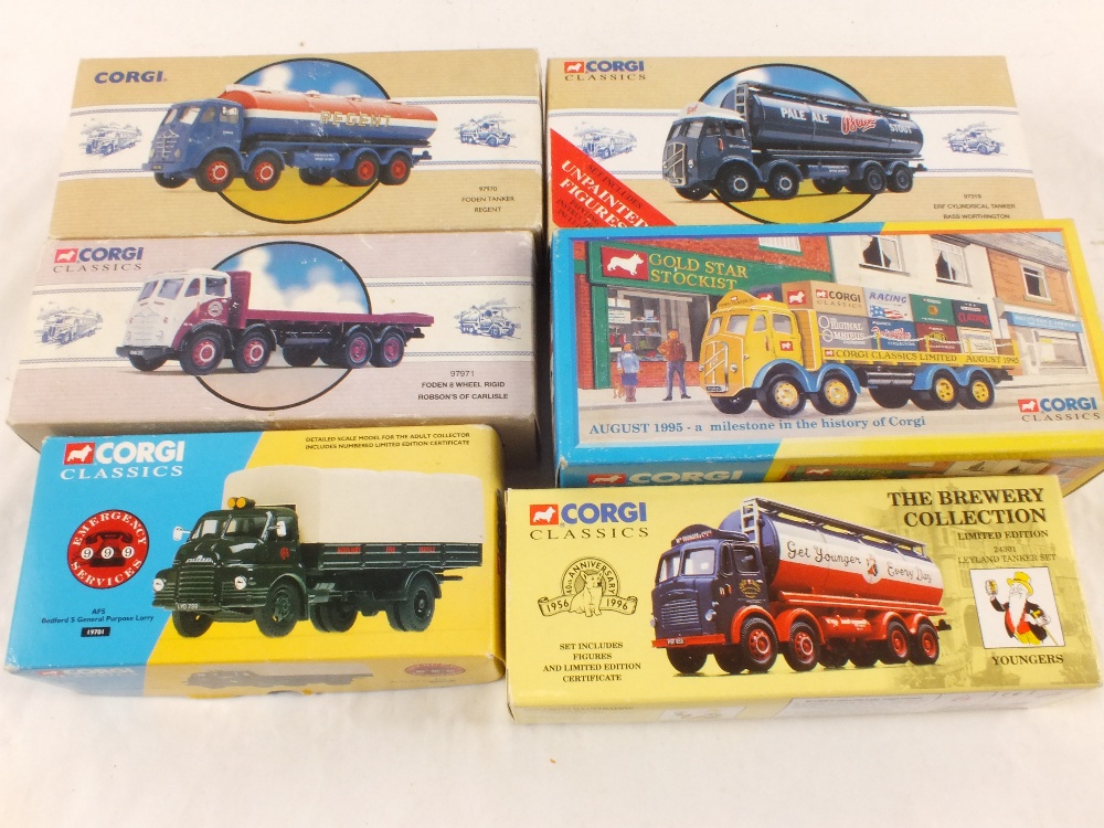 Six boxed Corgi classics lorries, Foden tanker, Erf cylindrical tanker, Bedford general purpose