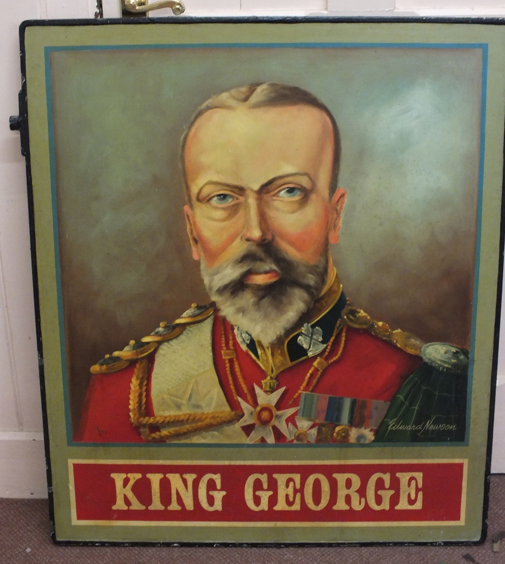 A painted pub sign "King George", double sided, 39" x 33"