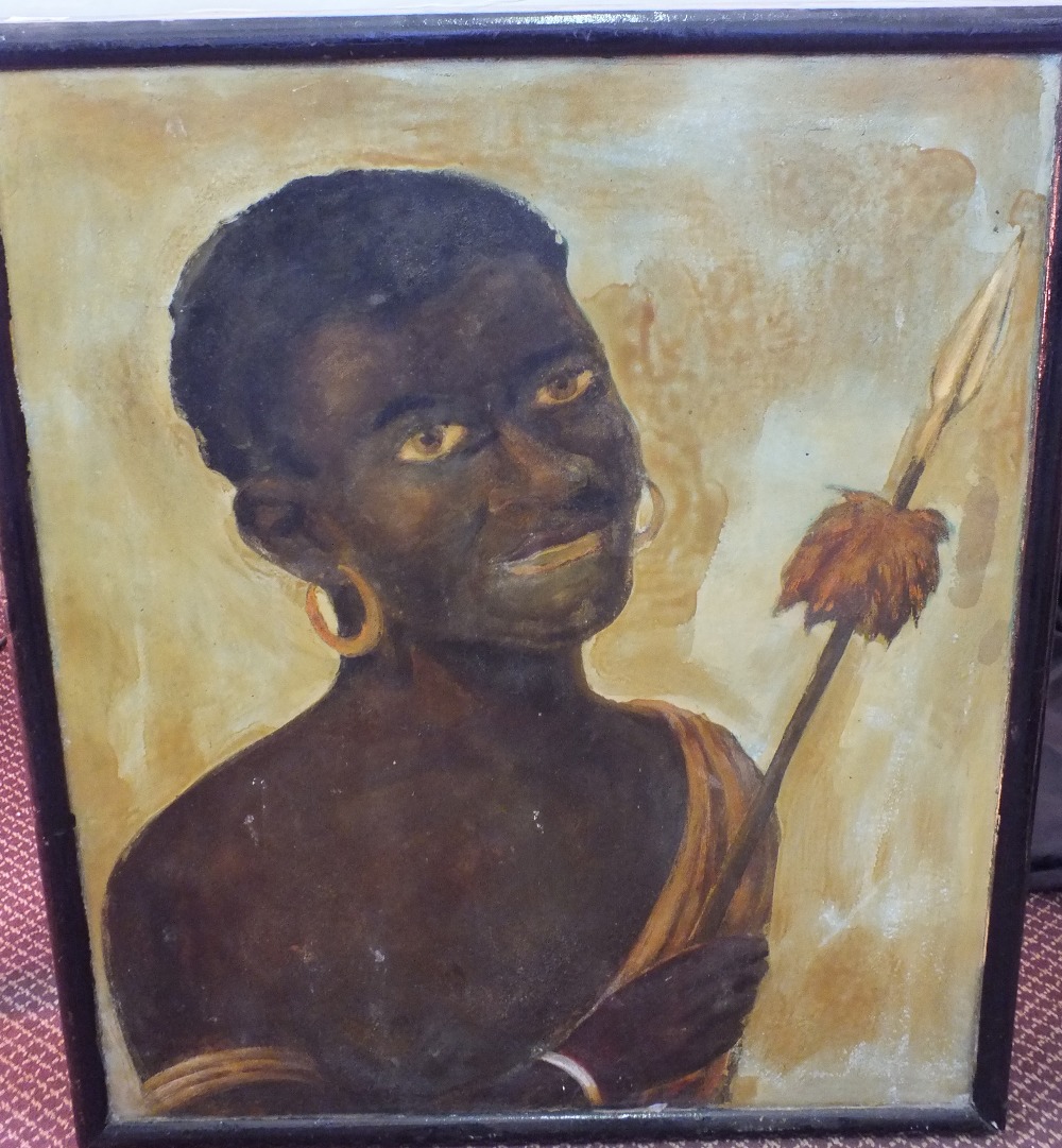 A large double sided pub sign painted on board depicting an African tribal figure holding a spear,