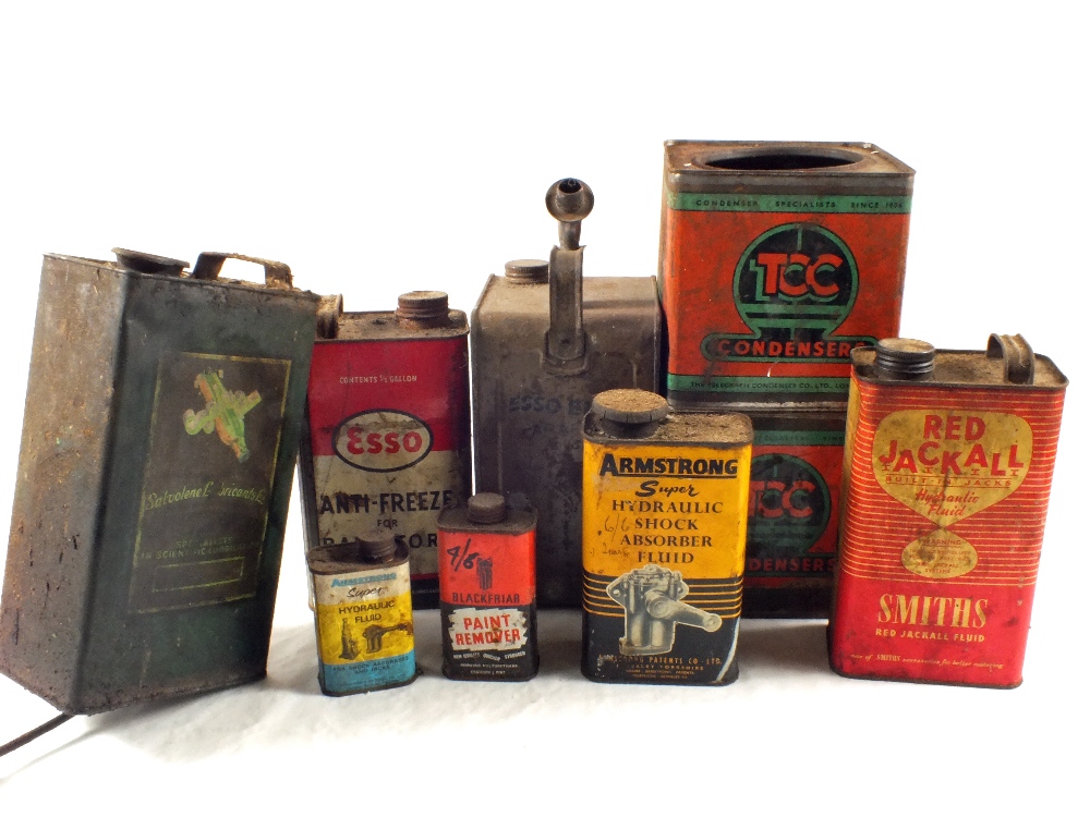 Three TCC condenser tins and seven various cans including Red Jarkall, Armstrong, Esso, etc