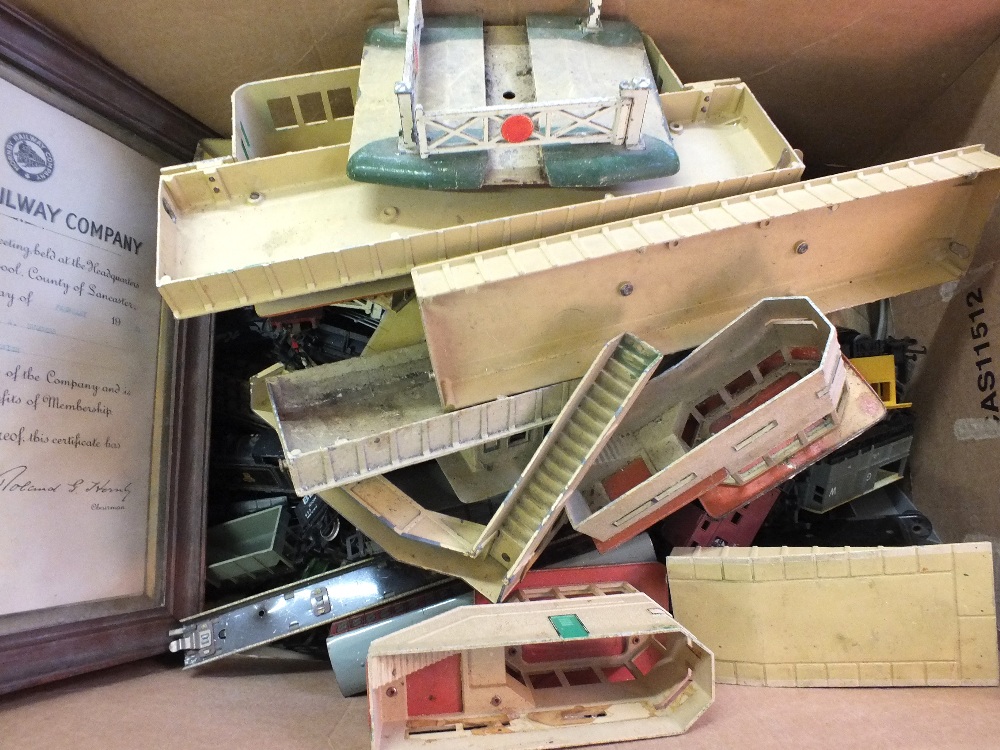A box of various 00 gauge track, trains, cars, building, etc