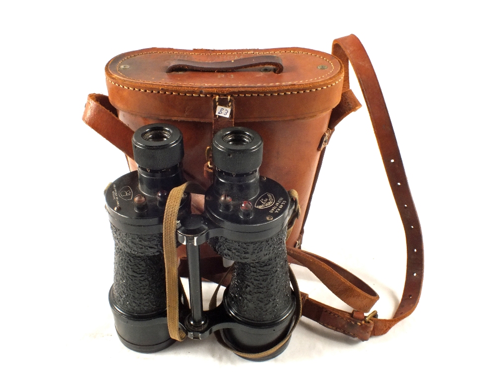 Pair of large WWII British binoculars in their leather case