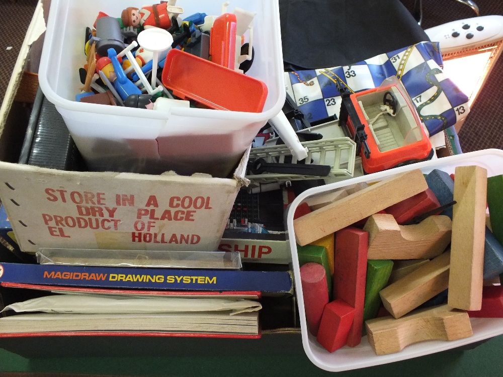 Various games, wooden bricks, games mat and a few stamps and tea cards