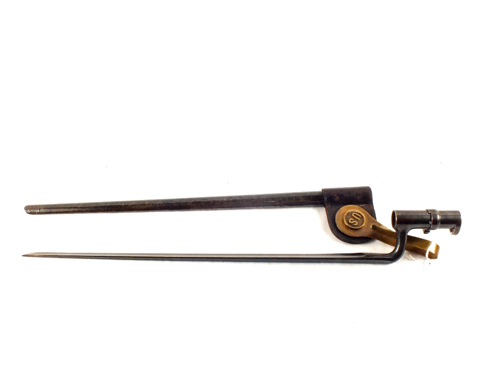 A US Springfield socket bayonet with scabbard and integral leather frog and brass belt loop makred