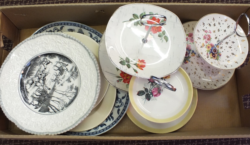 Royal Cauldon hunting plates, cakestand and other china (two boxes)