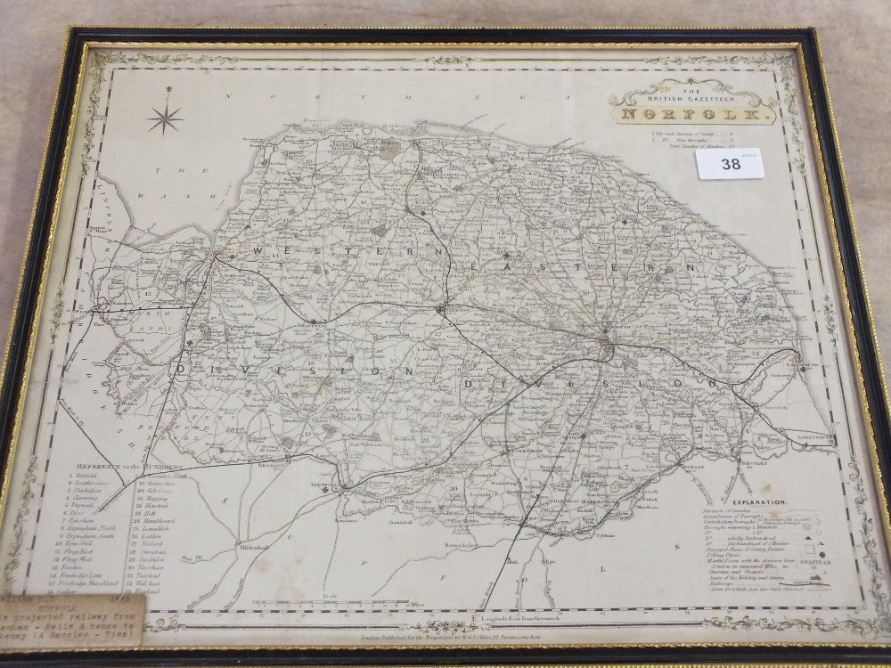 An 1852 Collins map, Projected Railway Lines, Norfolk and a sepia watercolour