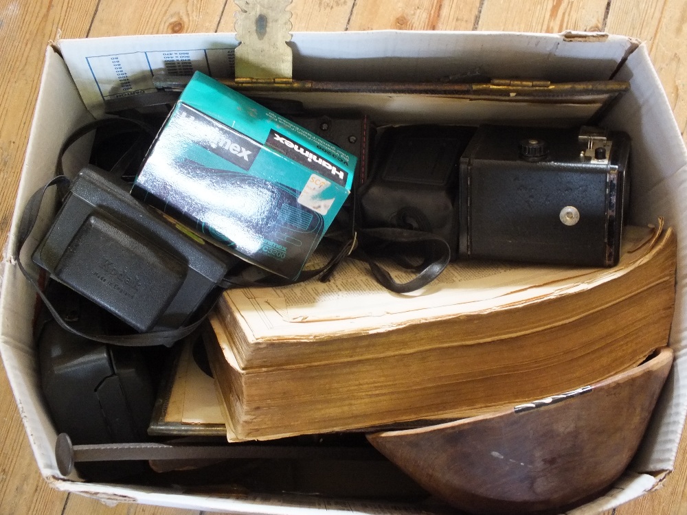 A 19th Century Iron and copper beam scale, family Bible and other items including cameras