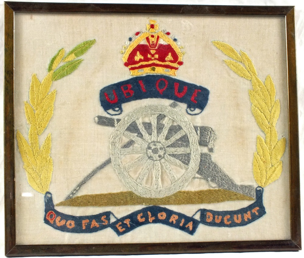 A peach glass shaped edge wall mirror, Royal Artillery woven picture and other pictures