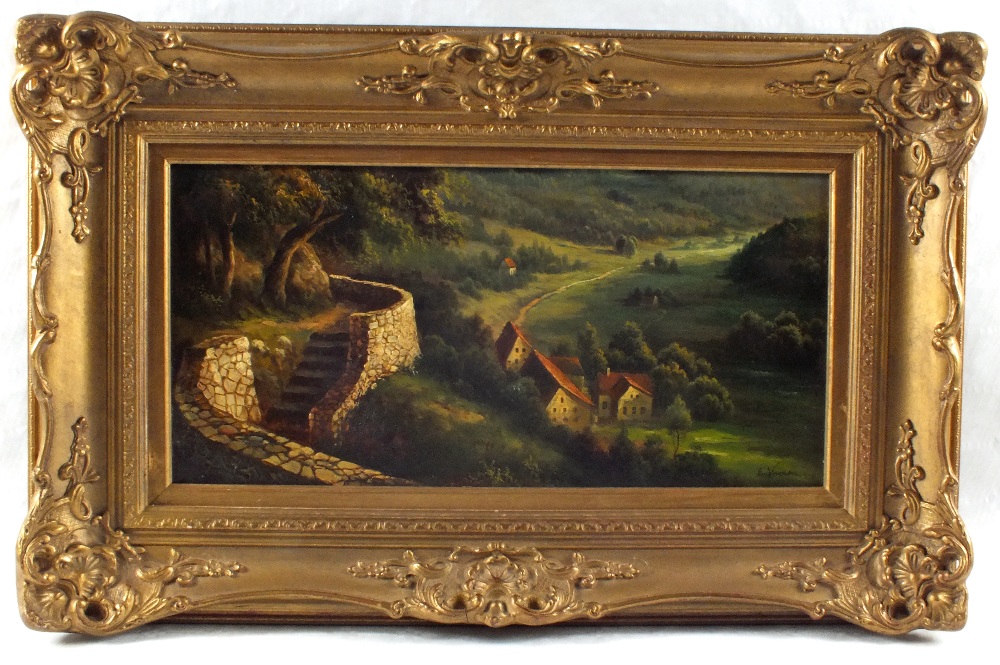 Oil on panel of a continental valley with stone steps and houses, signed E.Vernon, 9" x 19"