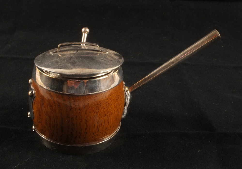 An Oak and Silver plated mustard in the form of a saucepan with liner and spoon