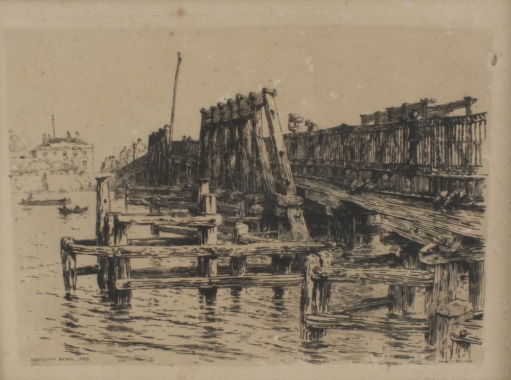 Ernest George etching of Battersea Bridge, 8" x 11"