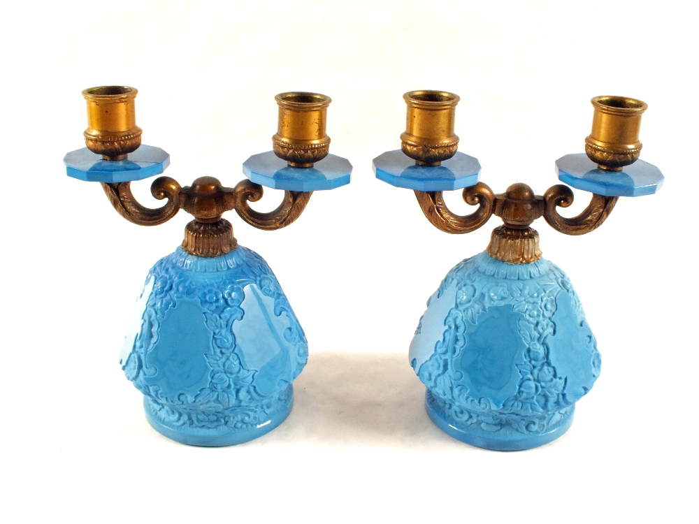 A pair of blue glass and Bronze candelabra c.1920, Czechoslovak