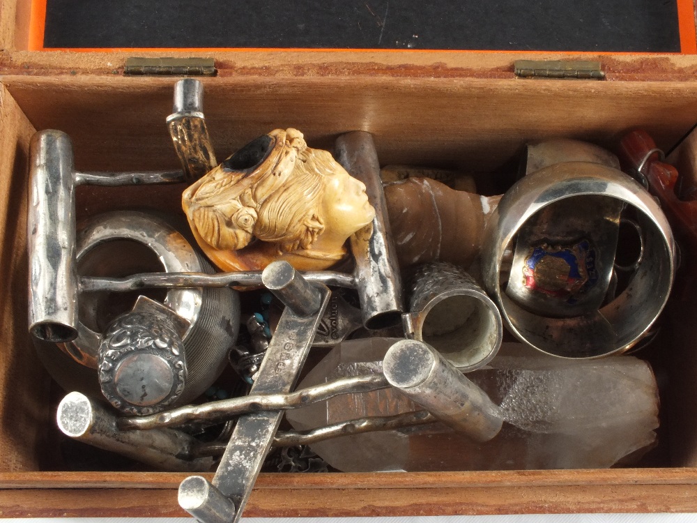 A Silver perfume container, meerschaum pipe head and other items