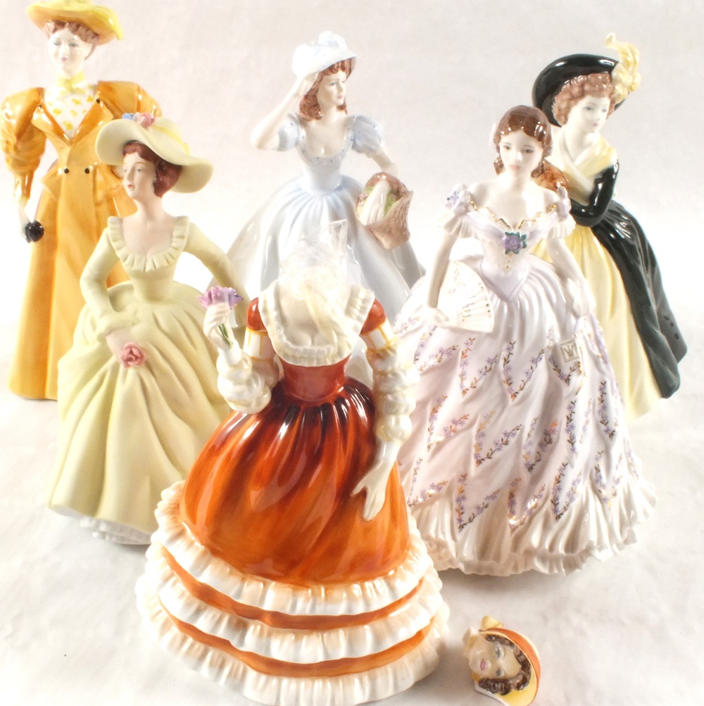 Coalport figurines, The Last Waltz, Christina, Vanessa and three others (two as found)