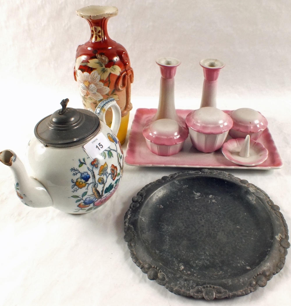 A pink china trinket set, Satsuma vase and other items