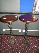 *2 Circular Poser Tables on Cast Iron Bases with Dark Wood Tops 18" Diameter