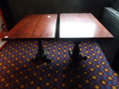 *Pair of Rectangular Bar Tables on Cast Iron Pedestals with Mahogany Tops