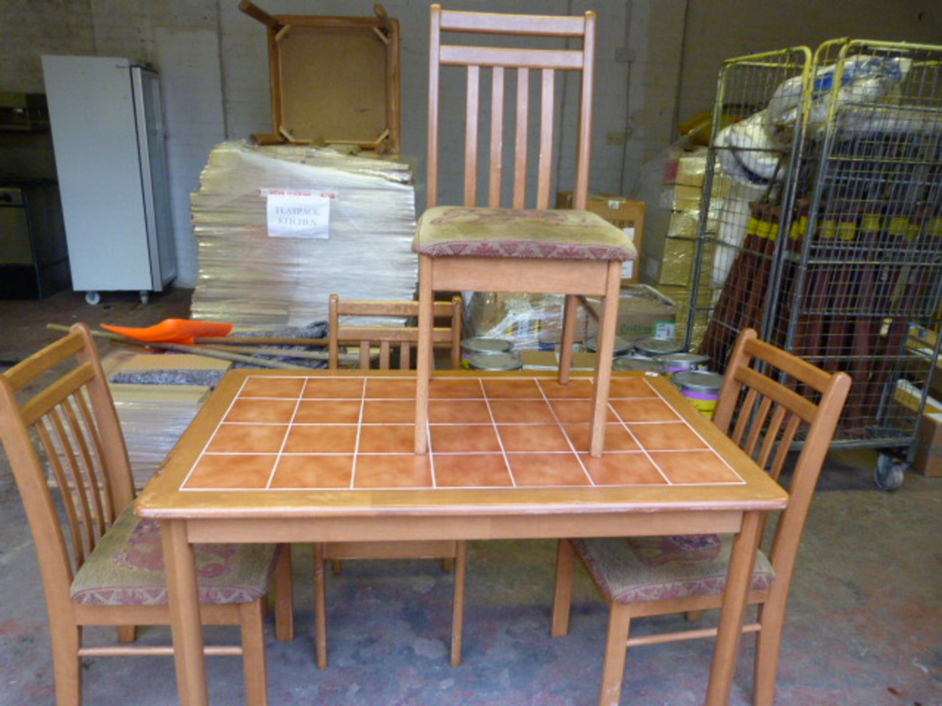Rectangular Tile Topped Beech Framed Table with 4 Beech Framed Slat Back Chairs with Upholstered