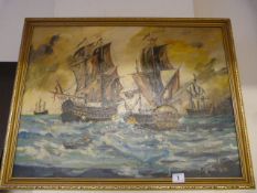 Gilt Framed Oil Painting Depicting War Ships