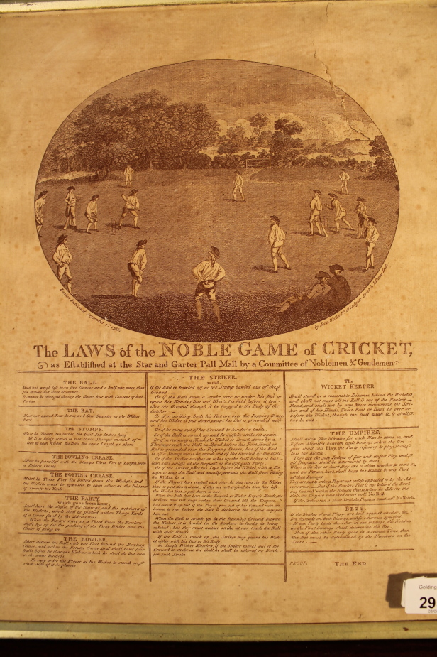 After John Wallis (fl.1785). The Laws of the Noble Game of Cricket, print by L. Binns, 40cm x 32.