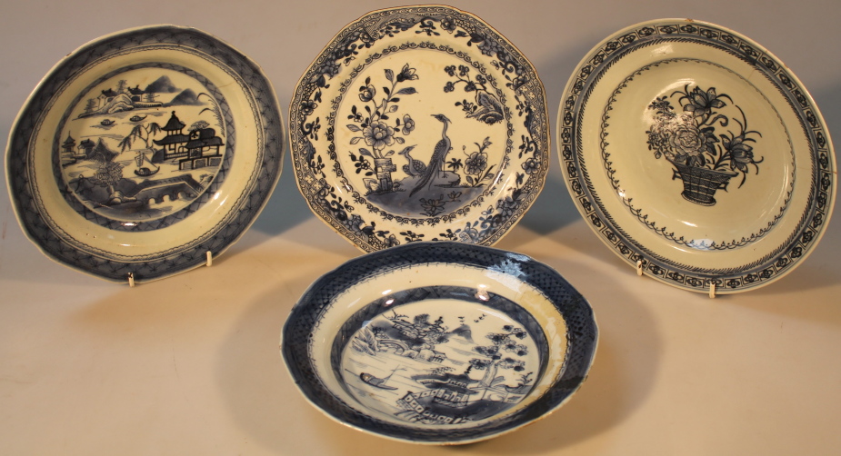A selection of four various 18thC Chinese export blue and white plates, comprising a dish