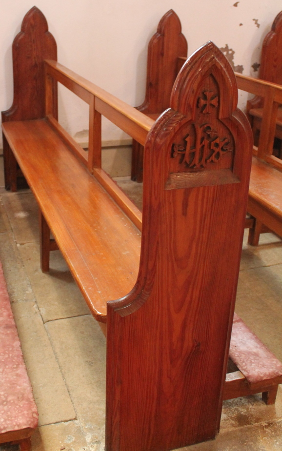 AUCTIONEERS NOTE DIMENSION CHANGED TO 237CM. A 19thC and later pitch pine church pew, with prayer