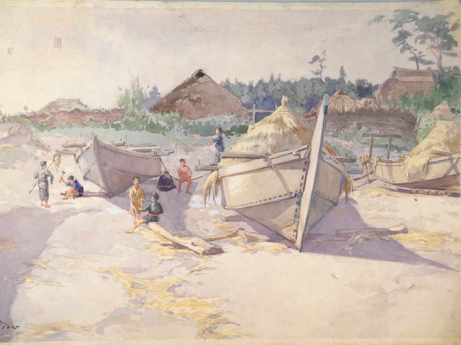 S Machida (19th/20thC). Fisherman fixing boats, watercolour, signed and dated 1905. 48.5cm x 32.