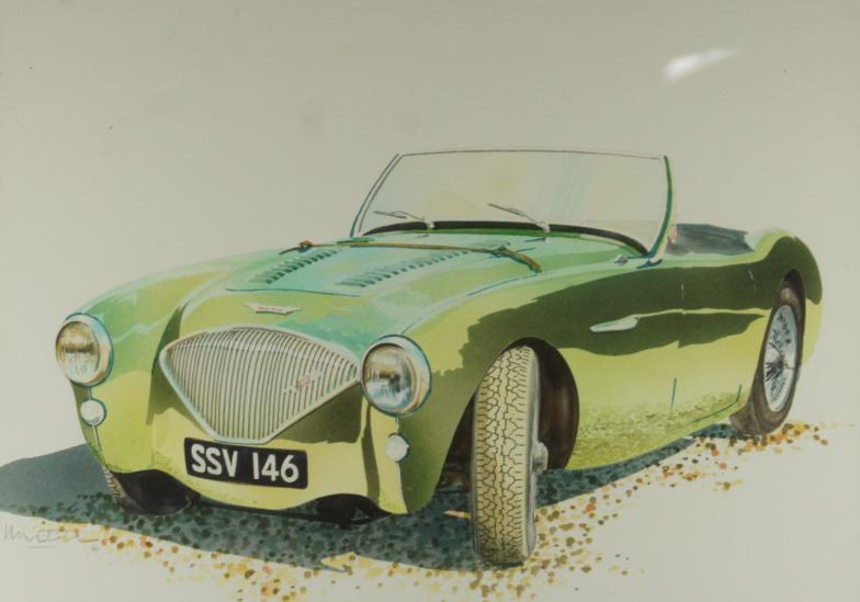 Martin T Rodgers. A watercolour painting of an Austin Healey 100, 56cm x 62cm.