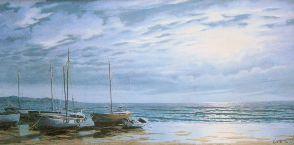 Keith English (20thC). Fishing vessels on the beach, oil on canvas, signed, 50cm x 100cm