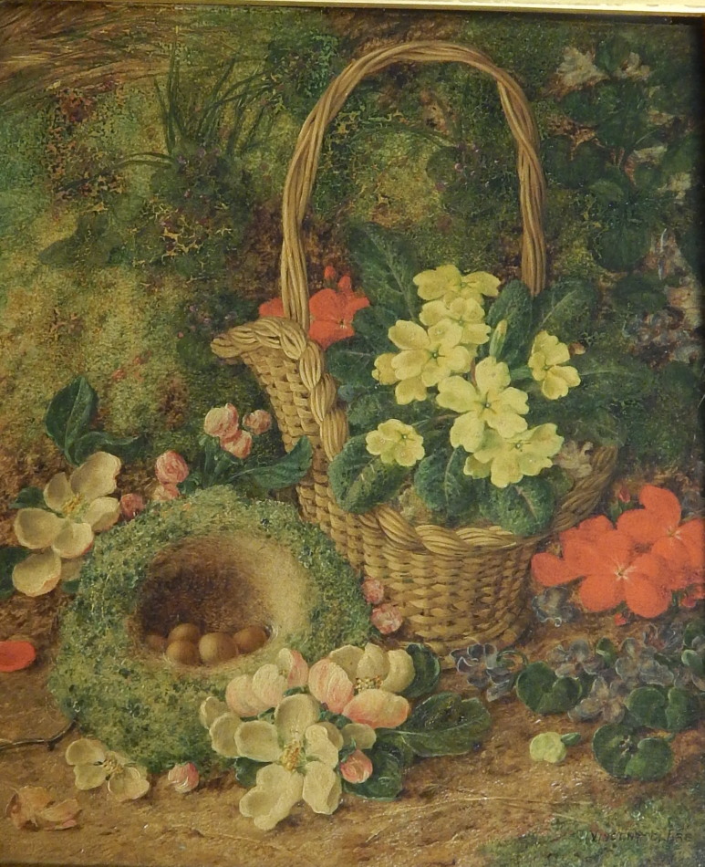 Vincent Clare (1855-1930). Still life with eggs and flowers in a basket and a nest, oil on canvas,