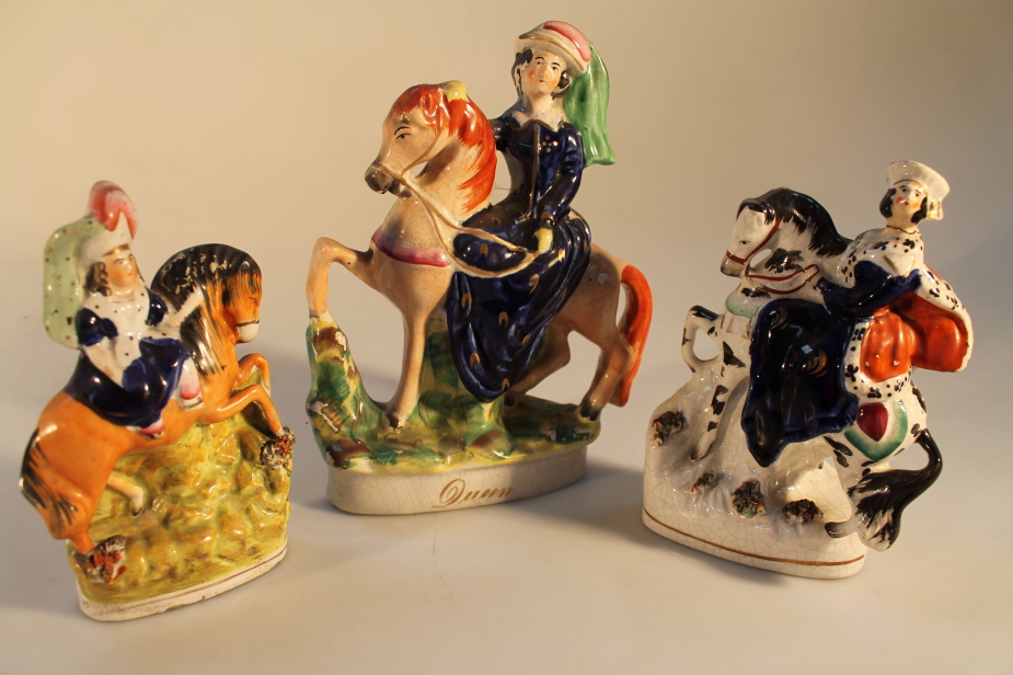 Three 19thC Staffordshire pottery equestrian figure groups, Victoria, titled `Queen``, 23cm,