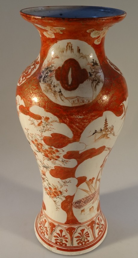 A Japanese Kutani large baluster vase, painted with irises and floral designs, 37cm high.