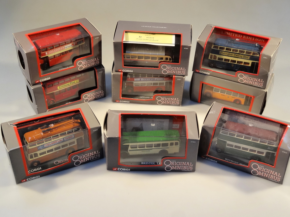 A collection of Corgi die-cast model buses and coaches, from the original omnibus collection, all