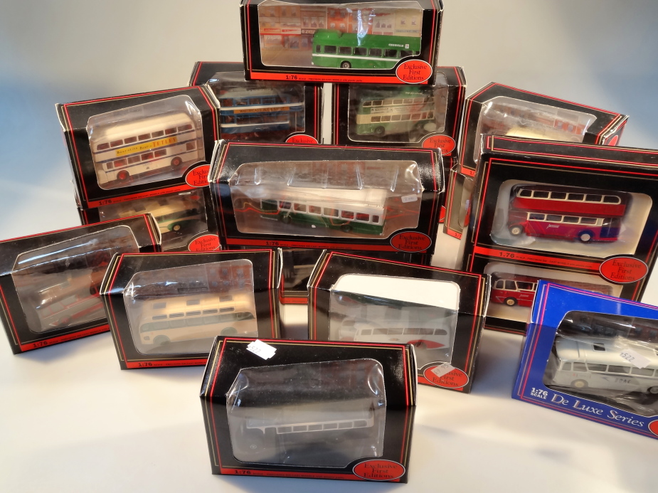 A collection of die-cast model buses, also trams and coaches, by Gilbow, all boxed (18).