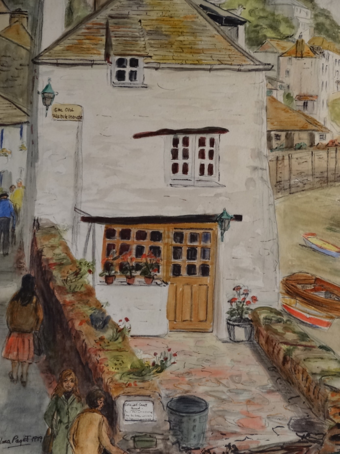 Alma Paget. A view of the Old Watch House at Polperro, a drawing with watercolour wash, signed and