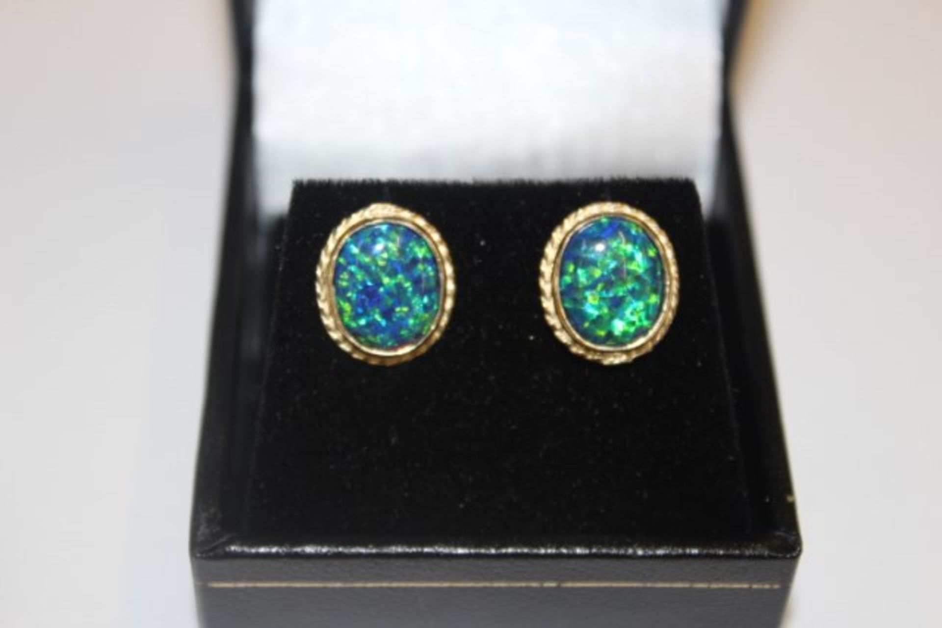 Pair Ladies Opal Set Gold Earrings