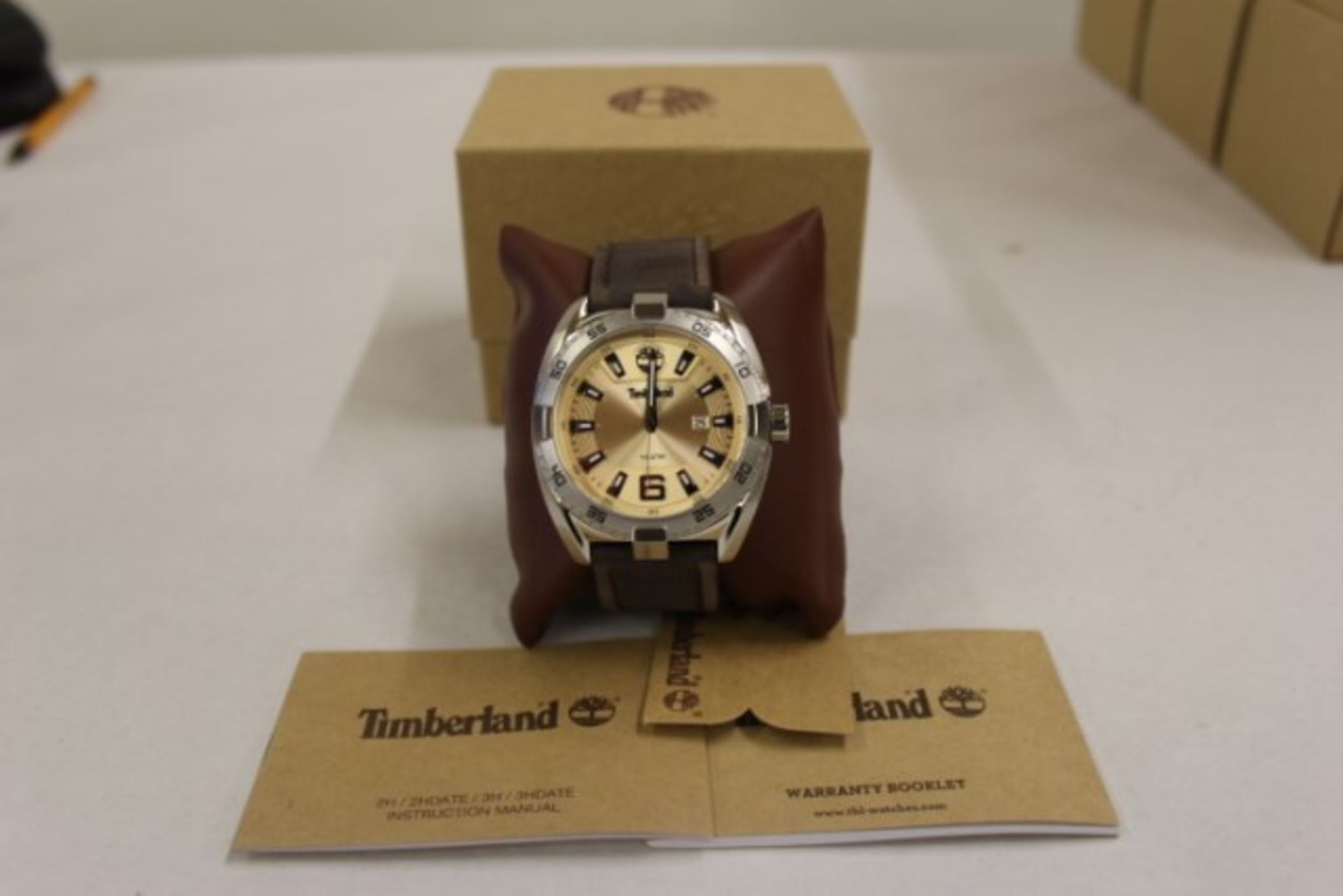 V Gents Timberland Cream Date Face Brown Leather Strap Watch With Box & Papers