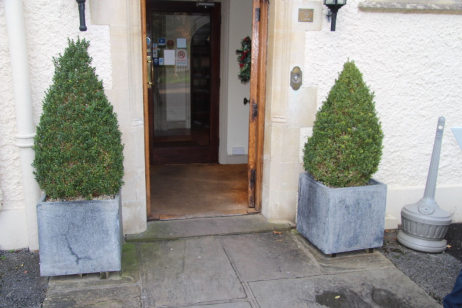 V Main Entrance - Two Boxus Topiary In Large Stone Square Planters