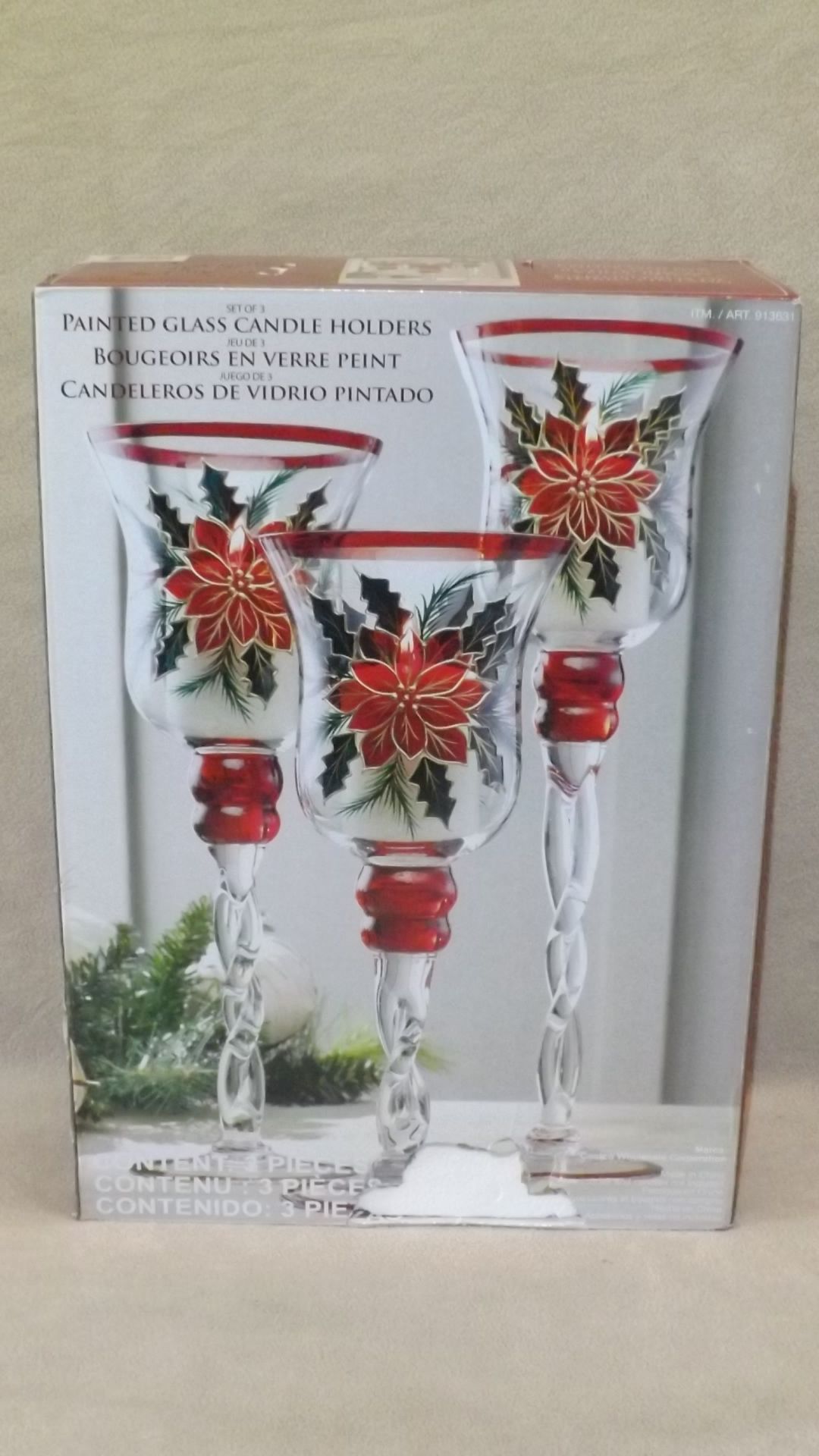 1 BOXED SET OF 3 PAINTED GLASS CANDLE HOLDERS RRP £59.99