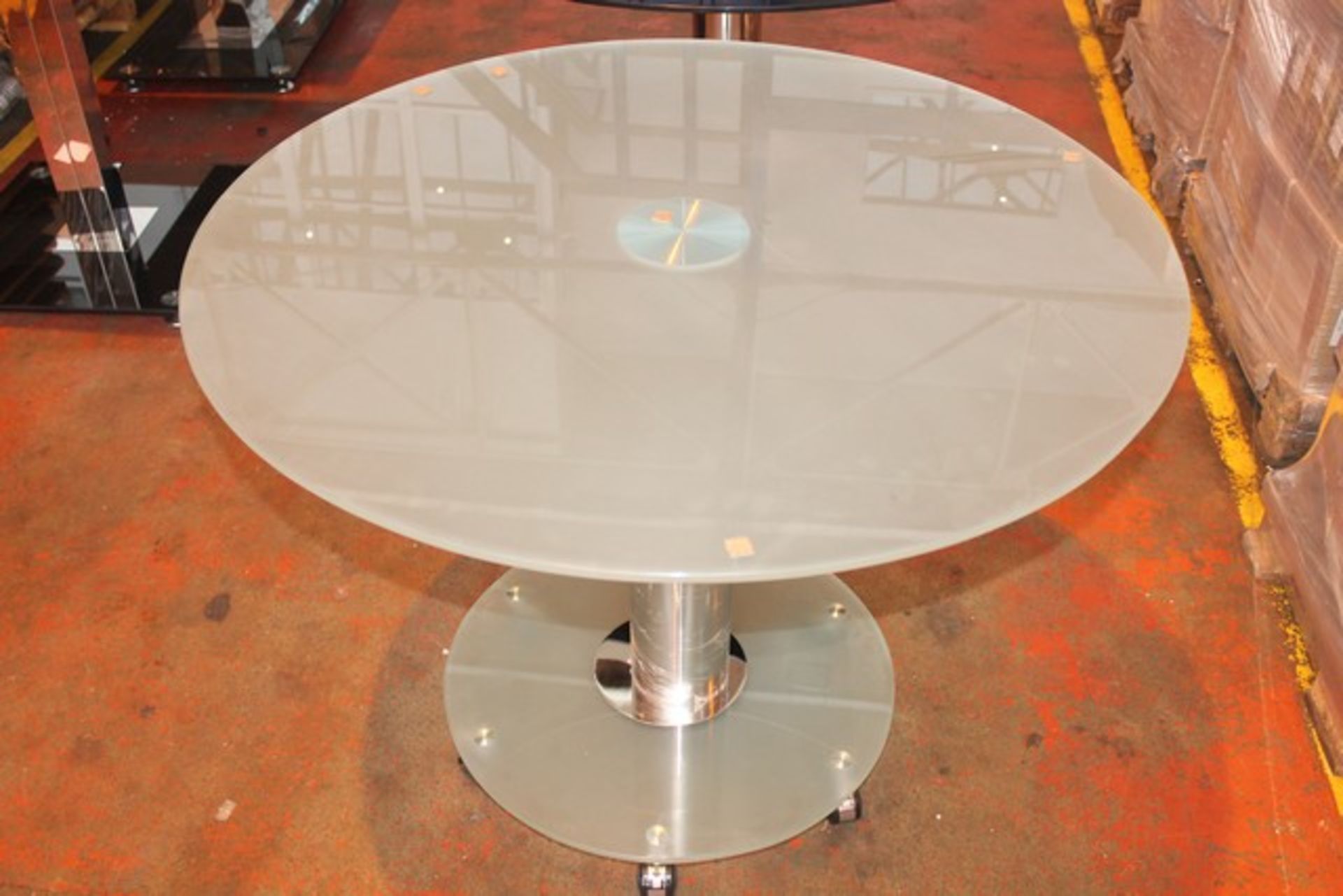 1 x VENICE 100CM FROSTED GLASS AND CHROME ROUND DINING TABLE RRP £250  *PLEASE NOTE THAT THE BID